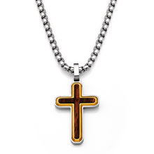 Men's Unisex Stainless Steel Two-Tone Cross Necklace with Real Santos Wood Inlay 24