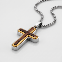 Men's Unisex Stainless Steel Two-Tone Cross Necklace with Real Santos Wood Inlay 24