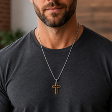 Men's Unisex Stainless Steel Two-Tone Cross Necklace with Real Santos Wood Inlay 24