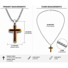 Men's Unisex Stainless Steel Two-Tone Cross Necklace with Real Santos Wood Inlay 24