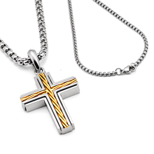 Metal Masters Men's Unisex Stainless Steel Two-Tone Cross Necklace with Golden Twisted Cable Inlay 24