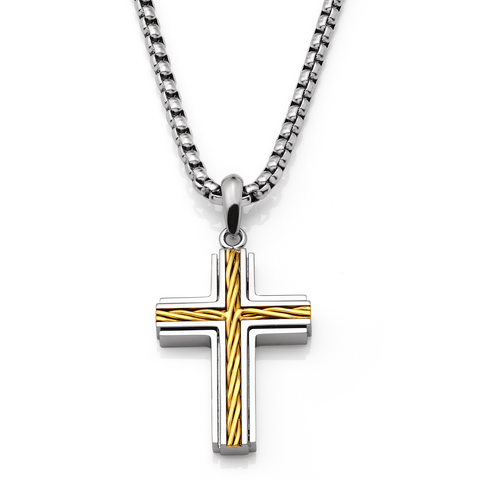 Metal Masters Men's Unisex Stainless Steel Two-Tone Cross Necklace with Golden Twisted Cable Inlay 24