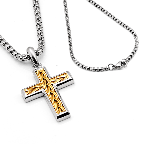 Men's Stainless Steel Two-Tone Cross Necklace with Braided Wire Inlay, 1.5