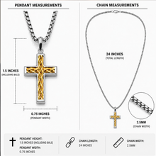 Men's Stainless Steel Two-Tone Cross Necklace with Braided Wire Inlay, 1.5