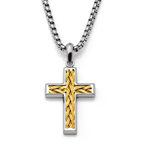 Men's Stainless Steel Two-Tone Cross Necklace with Braided Wire Inlay, 1.5