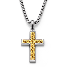 Men's Stainless Steel Two-Tone Cross Necklace with Braided Wire Inlay, 1.5
