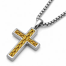 Men's Stainless Steel Two-Tone Cross Necklace with Braided Wire Inlay, 1.5