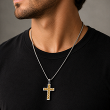 Men's Stainless Steel Two-Tone Cross Necklace with Braided Wire Inlay, 1.5