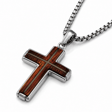 Men's Stainless Steel Cross Necklace with Real Santos Wood Inlay Round Box Chain