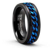 Men's Stainless Steel Curb Chain Link Spinner Fidget Ring Anxiety Band Black Blue 8MM