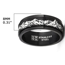 Men's Black Stainless Steel Fidget Ring Anxiety Wedding Band Outdoor Engraved Mountain