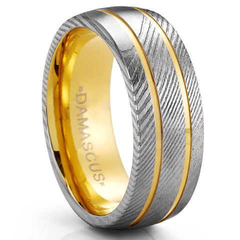 Men's Goldplated Damascus Steel Grooved Wedding Band Engagement Ring Comfort-Fit 8MM