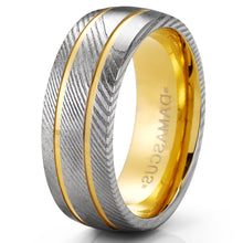 Men's Goldplated Damascus Steel Grooved Wedding Band Engagement Ring Comfort-Fit 8MM