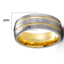 Men's Goldplated Damascus Steel Grooved Wedding Band Engagement Ring Comfort-Fit 8MM