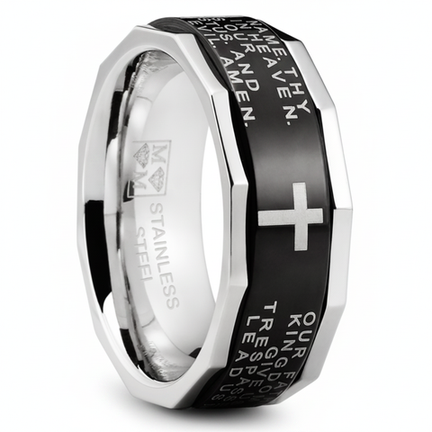 Men's Lords Prayer Stainless Steel Ring Christian Cross Bible Two-Tone 7-13