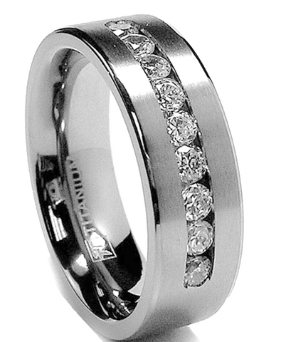 8 MM Men's Titanium ring wedding band with 9 large Channel Set Cubic Zirconia CZ sizes 6 to 15