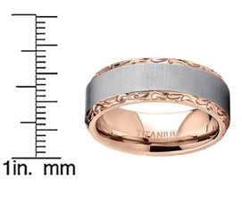 Men's Titanium Hand-engraved Wedding Band Ring Comfort-fit Rosegold-tone 7MM