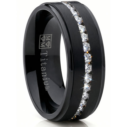 1.5ct. Black Titanium Men's Eternity Wedding Band Ring Cubic Zirconia CZ Comfort-Fit 8mm