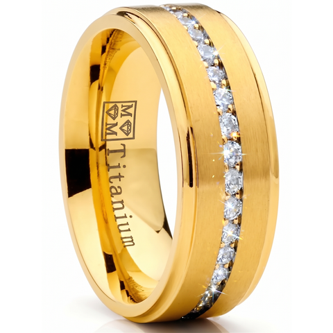 1.5 Ct. Titanium Men's Eternity Goldtone Wedding Band Ring Cubic Zirconia CZ 8MM