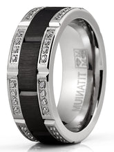 Men's Titanium Ring Two-Tone Wedding Band Round-Cut Cubic Zirconia Black Silver 8MM