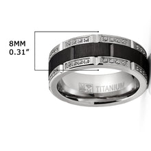 Men's Titanium Ring Two-Tone Wedding Band Round-Cut Cubic Zirconia Black Silver 8MM