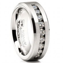 1.15 Carats Moissanite Mens Ring 18K White Gold Plated Wedding Band VVS D-Color Channel-Set 8MM