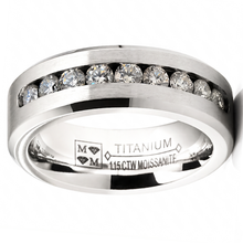 1.15 Carats Moissanite Mens Ring 18K White Gold Plated Wedding Band VVS D-Color Channel-Set 8MM
