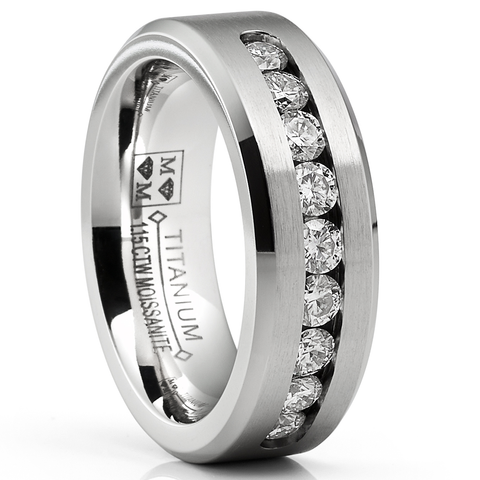 1.15 Carats Moissanite Mens Ring Wedding Band 9 Large Channel-Set 8MM