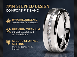 7MM Men's Eternity Titanium Ring Wedding Band with Cubic Zirconia CZ sizes 5 to 13