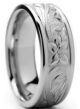 Men's 8MM Titanium Ring Wedding Band With Engraved Floral Design Sizes 7 to 13