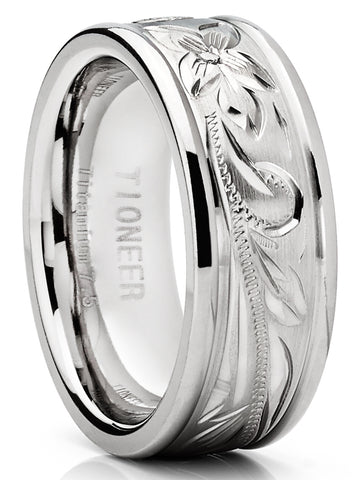 Men's 8MM Titanium Ring Wedding Band With Engraved Floral Design Sizes 7 to 13