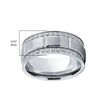 Men's Titanium Wedding Band Ring with Double Row Cubic Zirconia, Comfort Fit Sizes, 9MM  8 to 12