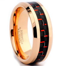 8MM Men's Rose Plated Tungsten Carbide Ring Wedding Band W/ Black & Red Carbon Fiber  Inlay Sizes 7 to 15