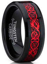 Men's Black Tungsten Red Dragon Ring Wedding Band Carbon Fiber Comfort Fit 8MM