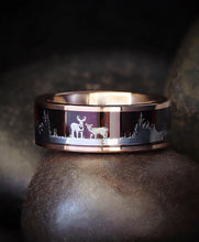 Men's Rose Goldtone Tungsten Hunting Ring Wedding Band Wood Inlay Deer Stag Silhouette