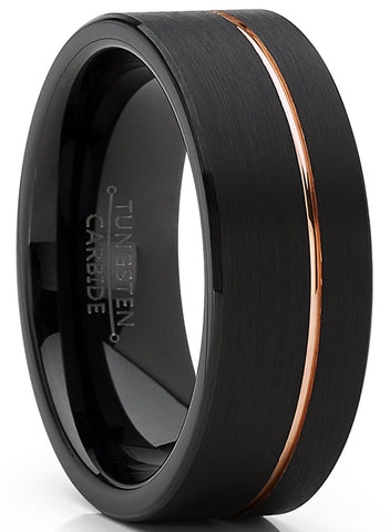 Men's Black Tungsten Carbide Ring Wedding Band with Rose Goldtone Groove 8mm