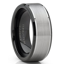 Men's Tungsten Carbide Wedding Band Flat Top Brushed Two Tone Black Ring 8mm