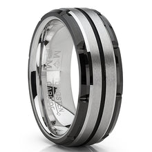 Men's Tungsten Carbide Wedding Band Flat Top Brushed Two Tone Black Ring 8mm
