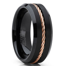 Men's Black Tungsten Carbide Wedding Band Ring Rose Gold Tone Steel Cable Inlay