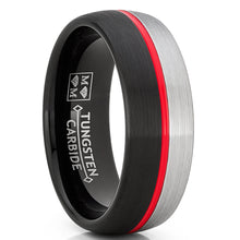 Tungsten Wedding Band Grooved Dome Ring 8mm Men's Black and Red