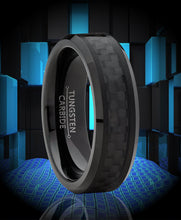 Women's Unisex Black Tungsten Carbide Wedding Engagement Ring Black Carbon Fiber Inlay 6MM