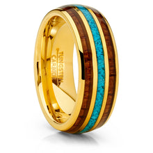 Men's Goldtone Tungsten Wedding Band Engagement Ring Koa Wood Crushed Turquoise 8MM