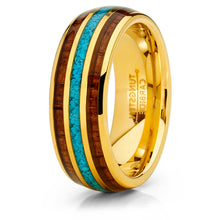 Men's Goldtone Tungsten Wedding Band Engagement Ring Koa Wood Crushed Turquoise 8MM