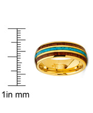 Men's Goldtone Tungsten Wedding Band Engagement Ring Koa Wood Crushed Turquoise 8MM