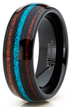 Men's Black Tungsten Wedding Band Engagement Ring Koa Wood Crushed Turquoise Inlay