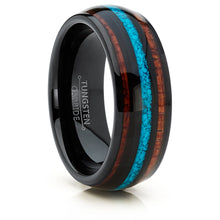 Men's Black Tungsten Wedding Band Engagement Ring Koa Wood Crushed Turquoise Inlay