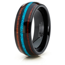 Men's Black Tungsten Wedding Band Engagement Ring Koa Wood Crushed Turquoise Inlay