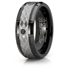 Men's Black Tungsten Wedding Band Engagement Ring Hammered Center Real 0.05 CT Black Diamond