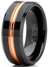Men's Tungsten Wedding Band Ring Rose Goldtone Grooved Center Black 8MM 7-15