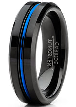 Men's Tungsten Wedding Band Black Ring Grooved Center Blue Comfort-Fit 6MM 5-13